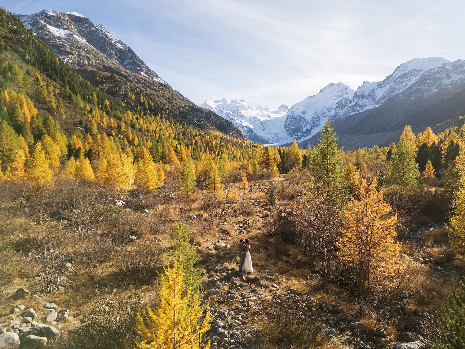 Panorama der Berghochzeit von Simona und Christian im Engadin, Morteratsch-Gletscher im Hintergrund